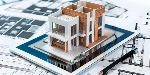 A 3D architectural model of a house over blueprints, Architectural drawings and construction plans displayed on a tablet device for easy access and reference - obrazy, fototapety, plakaty