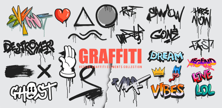 A vector series of graffiti elements with grunge texture tags and signs. Vector illustration