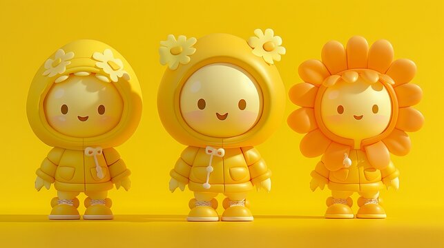 Three cute, toy-like characters in cheerful yellow outfits, featuring flower-themed designs, stand against a bright yellow background.