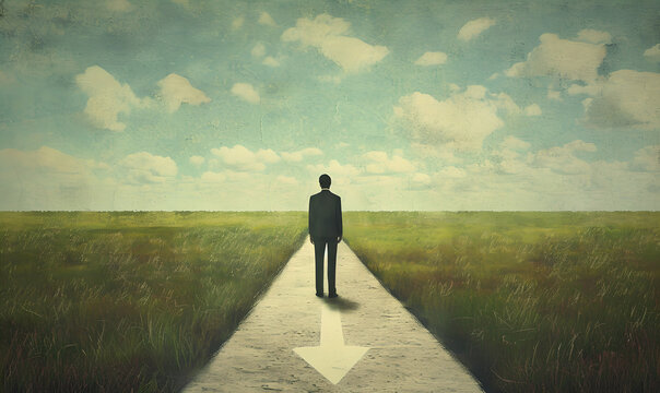 businessman standing on a path between two cross roads , a fateful decision make a decision, define a future , decisions concept 