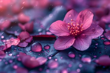 Violet flowers on tree branch with magenta petals on ground below. Concept Nature Photography, Flower Blossoms, Tree Branches, Petal Scattering, Colorful Landscapes