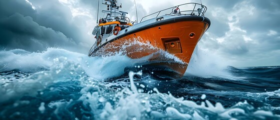 Braving the Waves: A Rescue Operation Amidst the Turmoil of the Sea. Concept Sea Rescue, Brave Act, Turbulent Waters, Courage Under Pressure, Saving Lives - obrazy, fototapety, plakaty