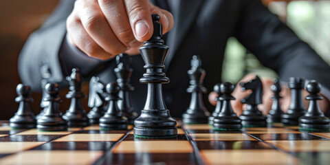 Strategic Businessman Making a Chess Move in Game of Strategy