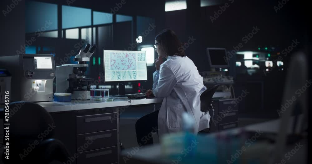 Poster caucasian female scientist working on a computer in the evening. specialist using a gene sequencing 