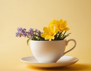 The concept of the image will be Easter egg and spring flowers in a cup of tea on a yellow background,  minimalism for postcard design, creative Easter holiday concept,