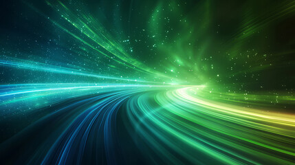 Vibrant green and blue light trails creating a dynamic abstract background