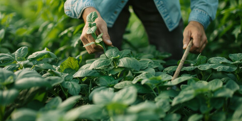 Farmer Tending to Vegetable Field at Sunrise - obrazy, fototapety, plakaty
