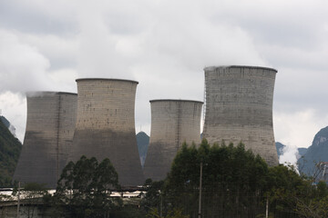 Four cooling towers in a factory