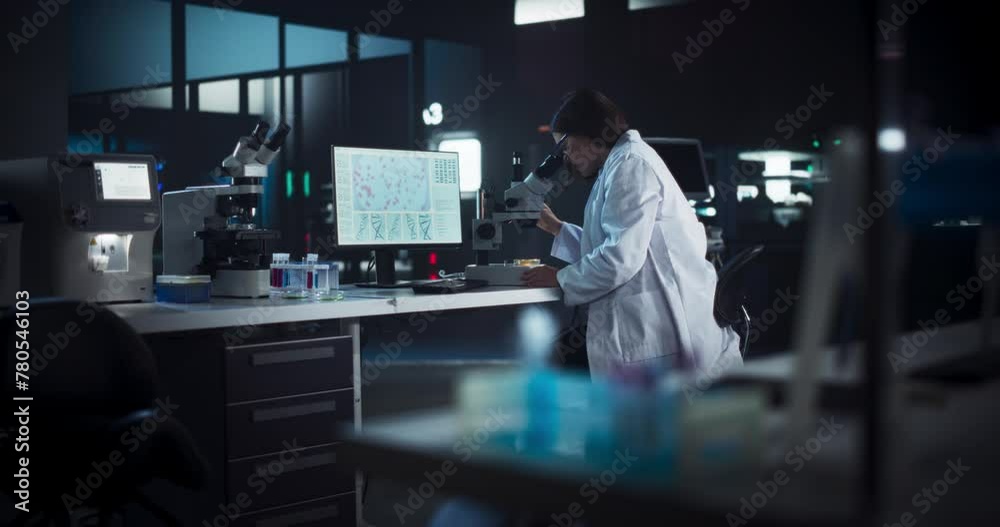 Poster genetic research scientist using microscope in an applied science laboratory in the evening. portrai
