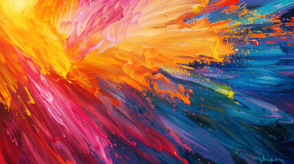 Vibrant abstract painting depicting energetic splashes of color in dynamic motion