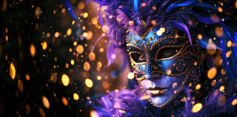 Mysterious blue masquerade with glowing golden details and feathers. A woman's eyes peer through an ornate Venetian mask amidst a magical sparkle and bokeh