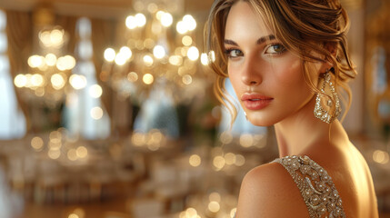 Elegant woman at luxurious event in opulent setting with sparkling lights