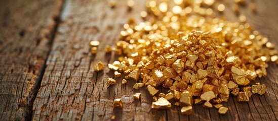 Pile of gold on an aged wooden surface.