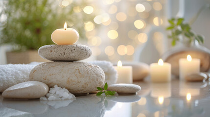 Fototapeta na wymiar Serene spa setting with candles, stones and towels capturing tranquility