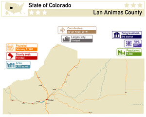 Detailed infographic and map of Las Animas County in Colorado USA.