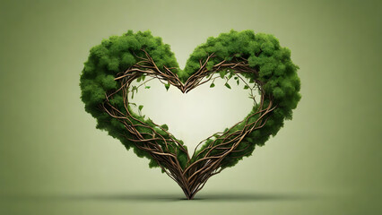 A heart shape is intricately formed by trees, leaves, and vines. The minimalist style and wild green backdrop make it ideal for lovers of forests.