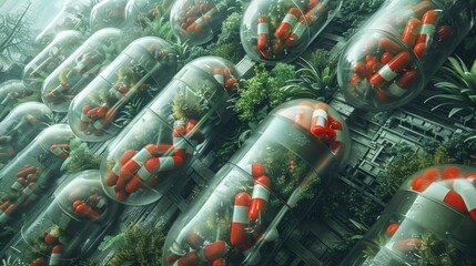 Capsules containing elemental forces of nature, arranged meticulously in an Art Deco pattern around a fortress garden.