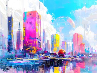 AI Data Model Integrating with a Futuristic City Skyline: A Helping Hand in Vibrant Digital Hues
