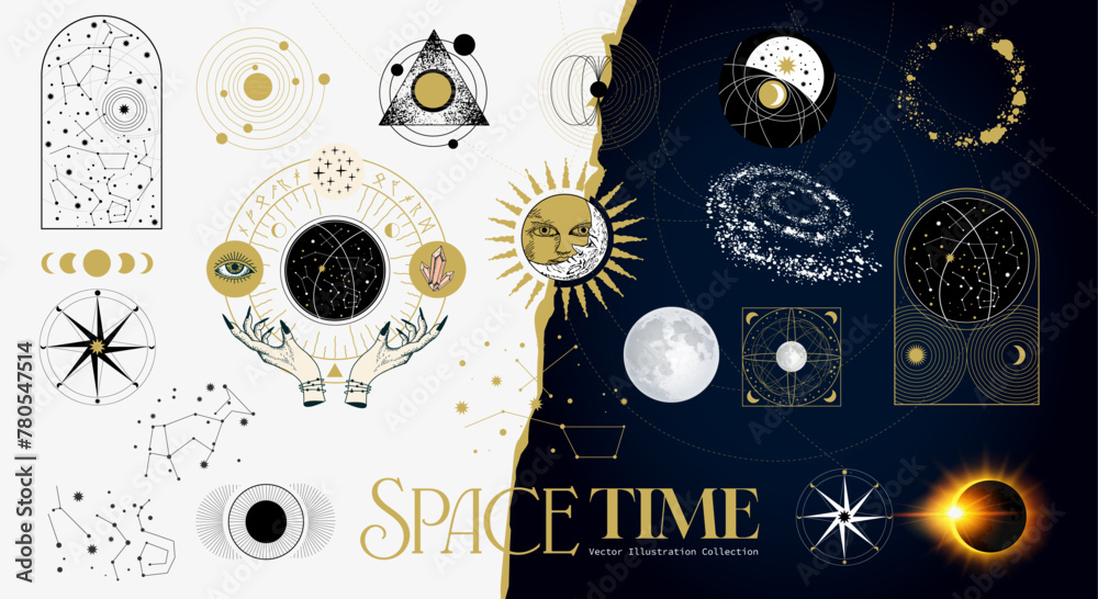 Wall mural mysterious astrology and astronomy universe themed objects and star zodiac patterns. vector illustra