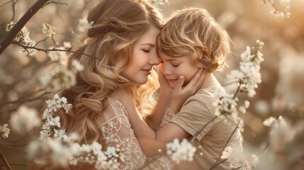 Obraz premium A heartfelt photograph capturing a mother and her children exchanging tender kisses and hugs, their expressions radiant with love and gratitude, against a backdrop of soft, dreamy light