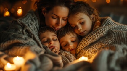 A heartwarming photograph capturing a mother and her children cuddled together under a cozy blanket, their faces lit up with warmth and affection, against a backdrop of flickering candlelight and soft