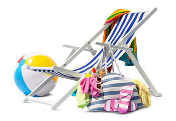 Beach deck chair for sunbathing, isolated on white background, with ball and bag full of accessories, concept a summer beach holiday, online shopping, booking travel and resorts accommodations - obrazy, fototapety, plakaty