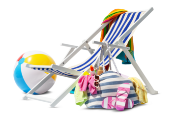 Beach deck chair for sunbathing, isolated on white background, with ball and bag full of accessories, concept a summer beach holiday, online shopping, booking travel and resorts accommodations