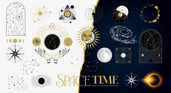 Mysterious astrology and astronomy universe themed objects and star zodiac patterns. Vector illustration