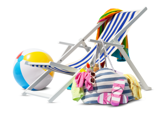 Beach deck chair for sunbathing, isolated on white background, with ball and bag full of accessories, concept a summer beach holiday, online shopping, booking travel and resorts accommodations