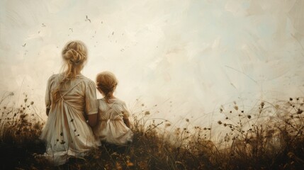 A serene portrait showcasing a mother and her children sitting together in quiet contemplation, their expressions serene and introspective, against a backdrop of tranquil natural beauty - obrazy, fototapety, plakaty