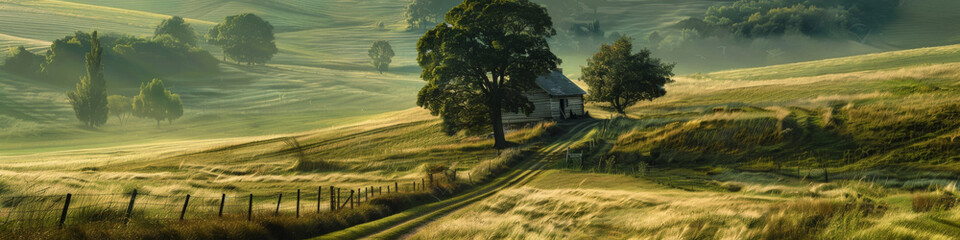 Idyllic Countryside Morning: Solitary House amid Rolling Hills