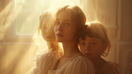 An elegant portrait of a mother and her children standing together, their faces illuminated by gentle sunlight filtering through a window, conveying warmth - obrazy, fototapety, plakaty