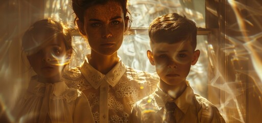 An elegant portrait of a mother and her children standing together, their faces illuminated by gentle sunlight filtering through a window, conveying warmth - obrazy, fototapety, plakaty