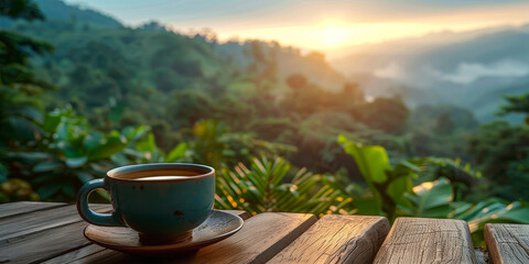 Morning Coffee Overlooking Misty Mountain Landscape at Sunrise