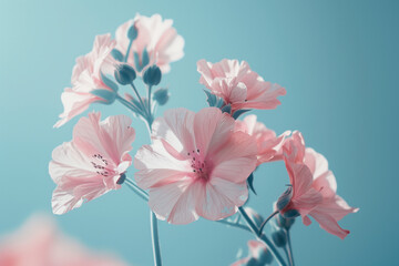 Delicate pink flowers close up against blue backdrop natural floral macro background wallpaper - Powered by Adobe