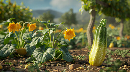 a yellow courgette standing on the ground in the back garden, blur effect in the backgraund