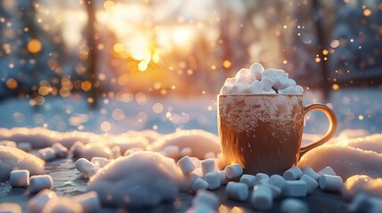 A steaming cup of hot cocoa with a generous mound of fluffy marshmallows, set against a backdrop of freshly fallen snow ,3DCG,high resulution,clean sharp focus - obrazy, fototapety, plakaty