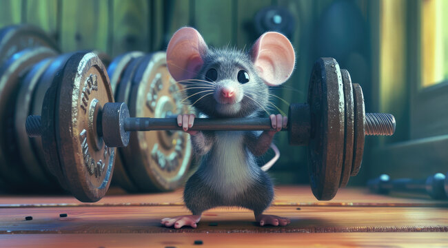 A cute little mouse lifting weights