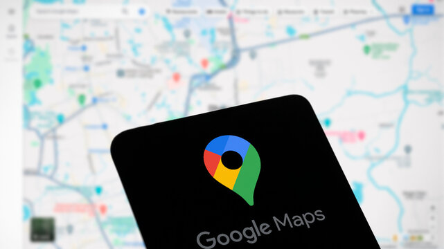Dhaka, Bangladesh- 09 Apr 2024: Google maps logo is displayed on smartphone.