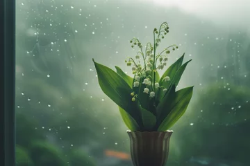 Foto auf Alu-Dibond Rainy Window Bliss with Blooming Lily of the Valley in a Vase © smth.design