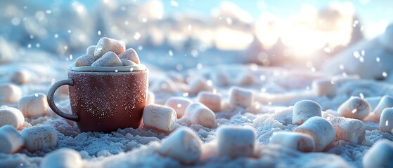 The contrast of rich, chocolatey cocoa against the pristine white of a snowcovered landscape, adorned with melting marshmallows ,3DCG,high resulution,clean sharp focus - obrazy, fototapety, plakaty