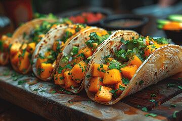 Mango and avocado tacos. Food with a tropical holiday twist