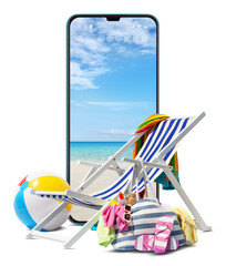 Beach deck chair for sunbathing, isolated on white background with mobile phone with seaside in big screen, concept a summer beach holiday, online shopping, booking travel and resorts accommodations