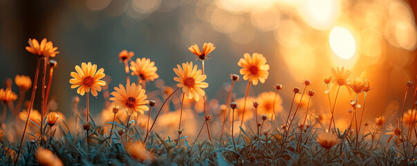 Sunset Ambience with Orange Wildflowers in Bloom - obrazy, fototapety, plakaty