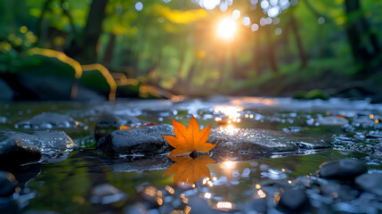 A leaf quietly sitting on the ground in, serene forest, young plant, peaceful, calming, meditative, inner peace, autumn forest, peaceful zen influenced atmosphere