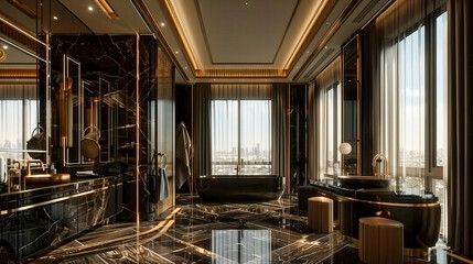 Contemporary Luxury in a Modern Bathroom, Featuring Sleek Marble and Chic Furnishings for a Sophisticated Style