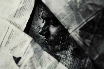 Monochrome portrait of a person obscured behind textured layers of news.
