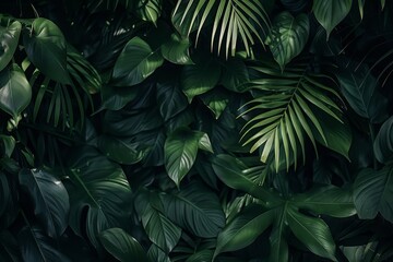 Lush green foliage texture in a dark moody forest, perfect for natural backgrounds and botanical themes.

 - obrazy, fototapety, plakaty
