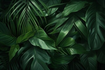 Lush green tropical leaves, with a moody dark background, perfect for environmental themes and natural backgrounds.

 - obrazy, fototapety, plakaty