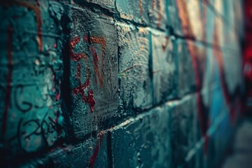 Fototapeta premium Vivid urban graffiti art on brick wall, textured with bold strokes and vibrant colors, symbolizing street culture and creative expression.